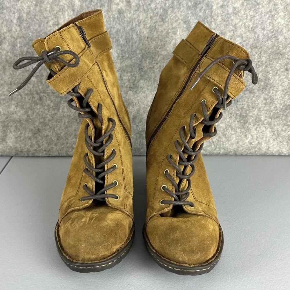 BORN Boots Women's 10 M Brown Cass Suede Block Heel Lace Up & Zip Buckle F34826
